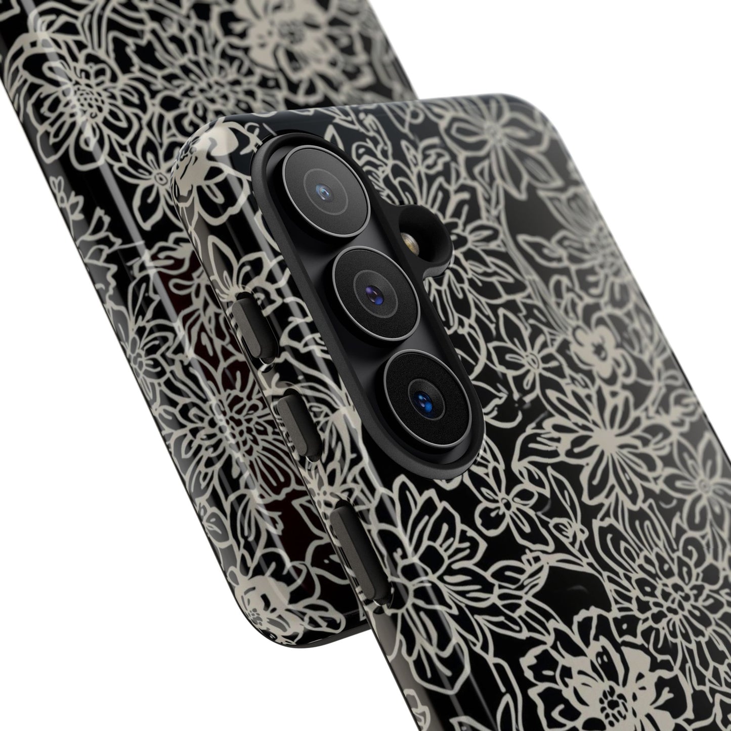 Floral Doodle Tough Phone Case — Black & White Sketch Flower Protective Cover