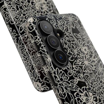 Floral Doodle Tough Phone Case — Black & White Sketch Flower Protective Cover