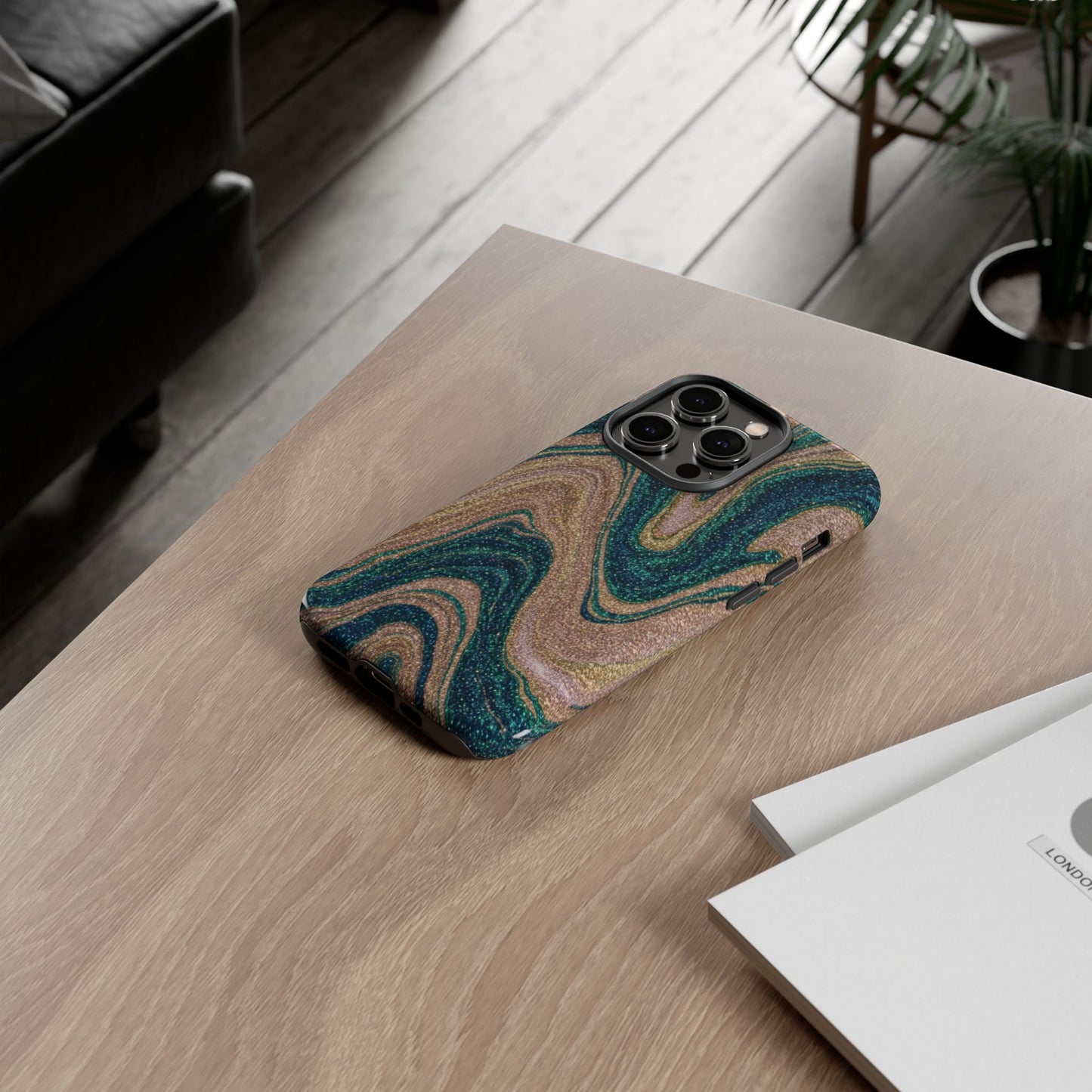 Marbled Teal & Gold Phone Case — Glitter Swirl Tough Case