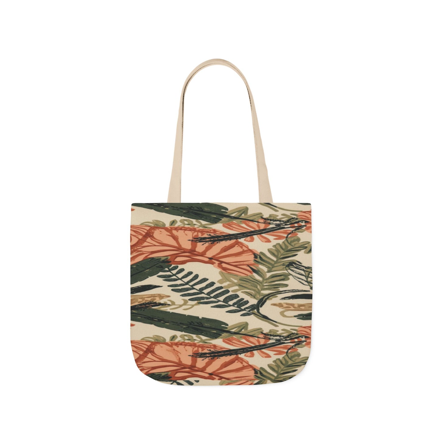 Tropical Ferns Canvas Tote — Botanical Beach Bag with Coral & Olive Leaves