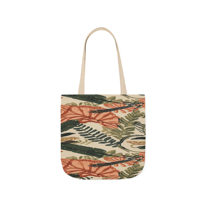 Tropical Ferns Canvas Tote — Botanical Beach Bag with Coral & Olive Leaves