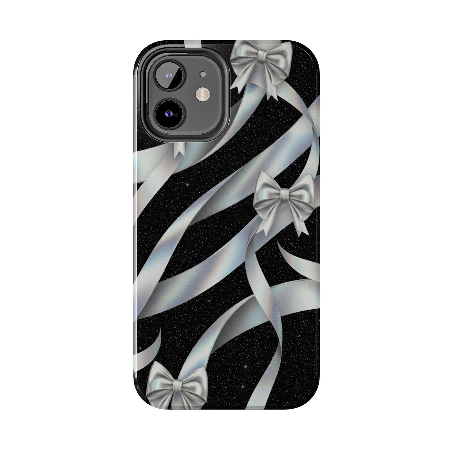 Silver Ribbon Bow Tough Phone Case — Glitter Black Protective Phone Case