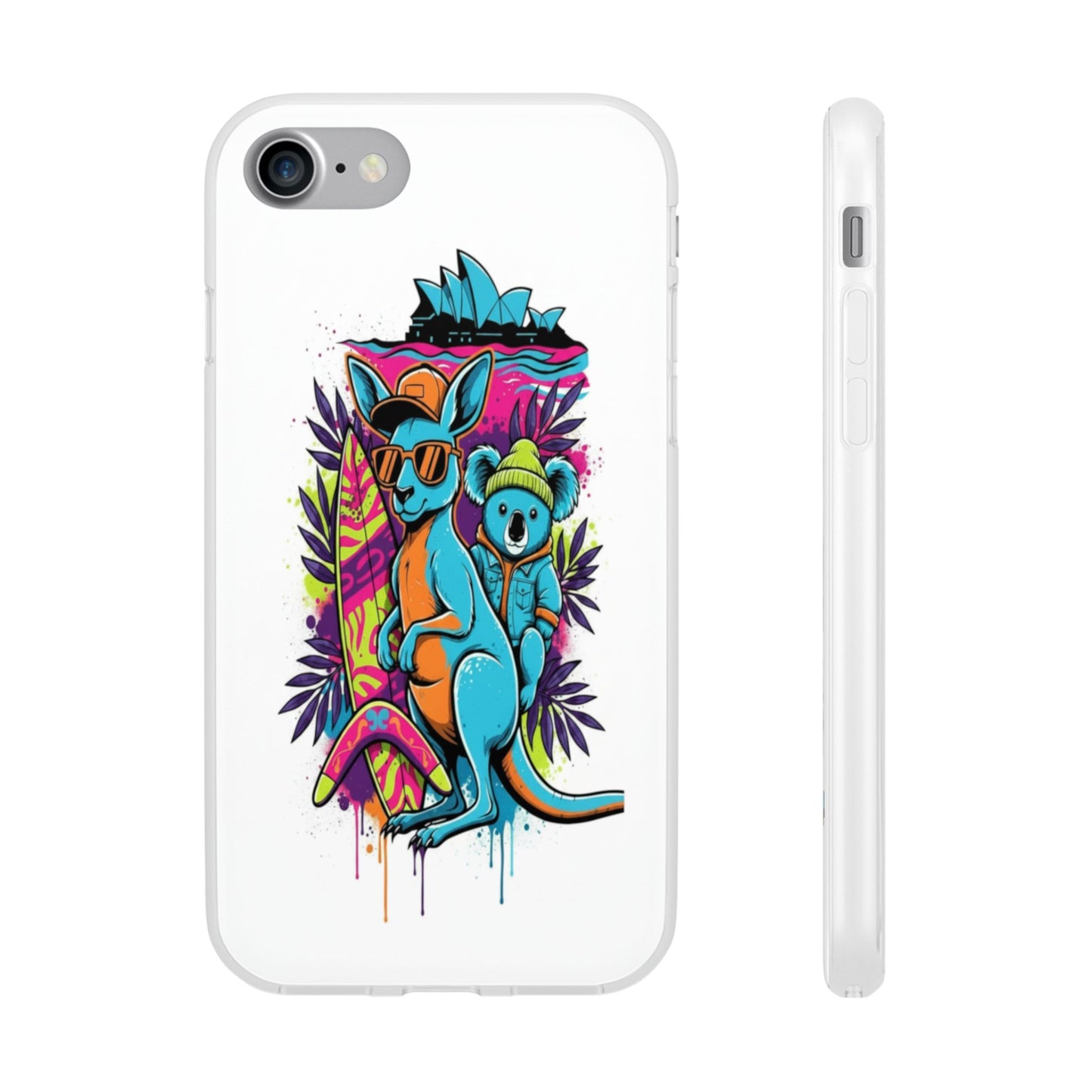 Kangaroo & Koala Surf Phone Case — Neon Aussie Beach Vibes Flexible Case