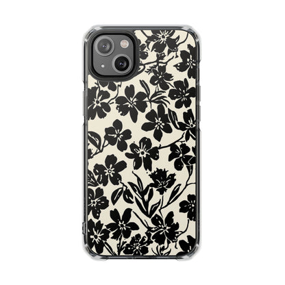 Clear Magnetic Phone Case — Black Floral Silhouette Design