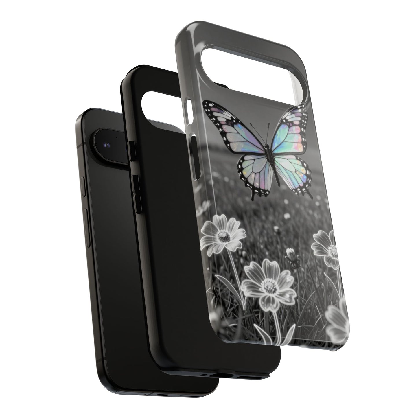 Butterfly Field Tough Phone Case — Pastel Holographic Butterfly on Black & White Floral Background