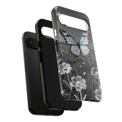 Butterfly Field Tough Phone Case — Pastel Holographic Butterfly on Black & White Floral Background