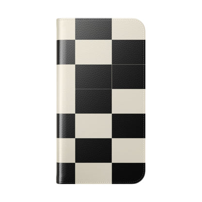Checkered Flip Phone Case – Black & Cream Retro Grid Wallet Case