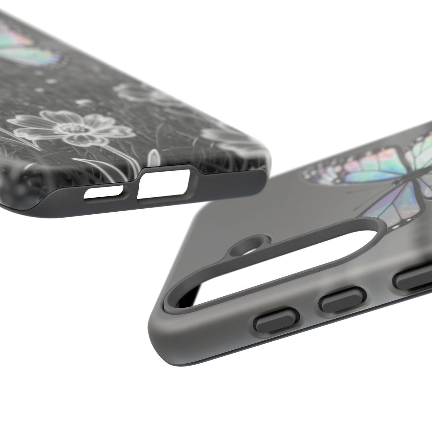 Butterfly Field Tough Phone Case — Pastel Holographic Butterfly on Black & White Floral Background