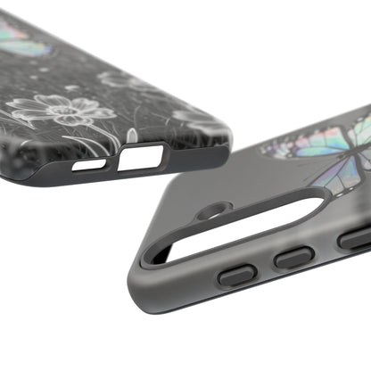 Butterfly Field Tough Phone Case — Pastel Holographic Butterfly on Black & White Floral Background