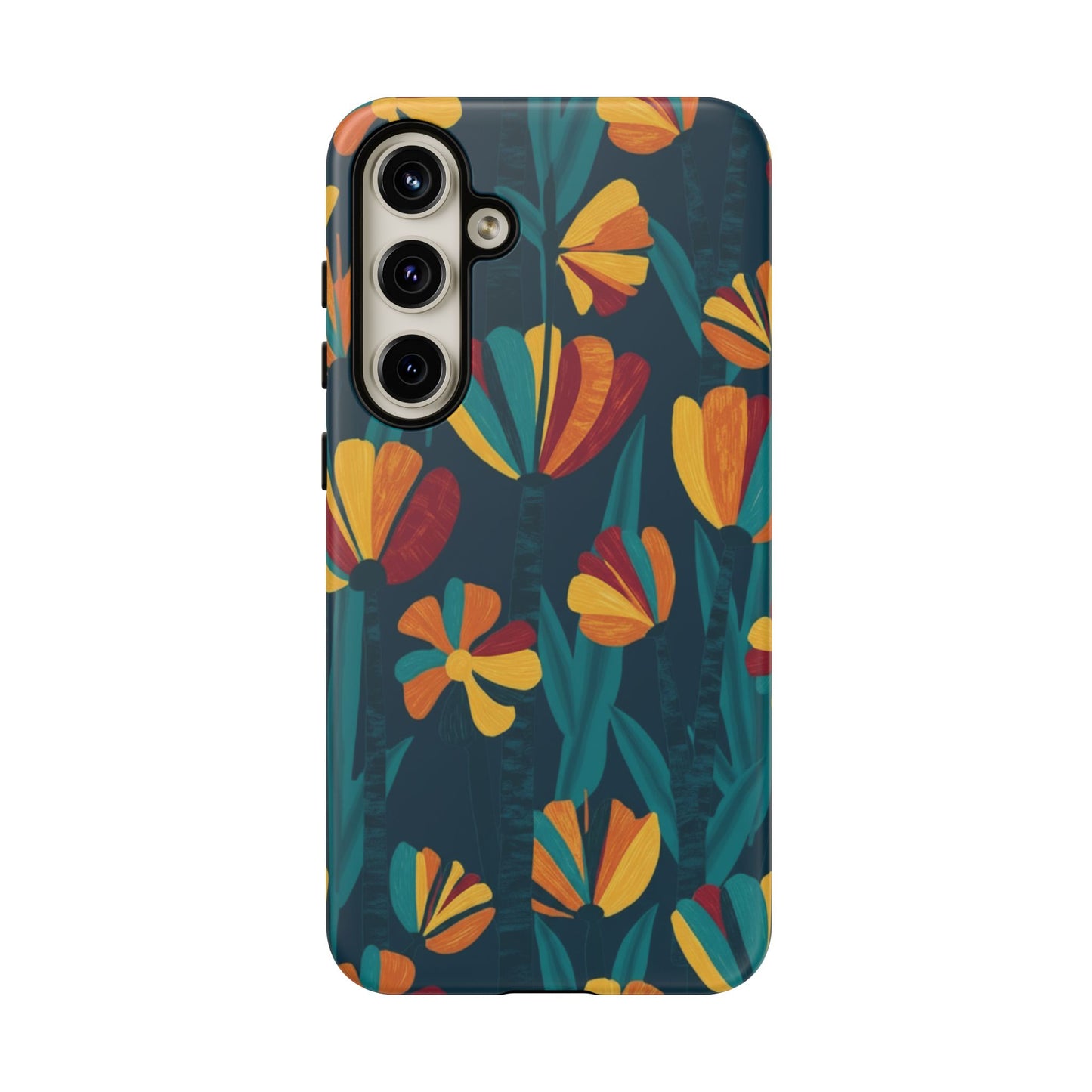 Floral Retro Teal Tough Phone Case — Vibrant Orange & Mustard Blooms