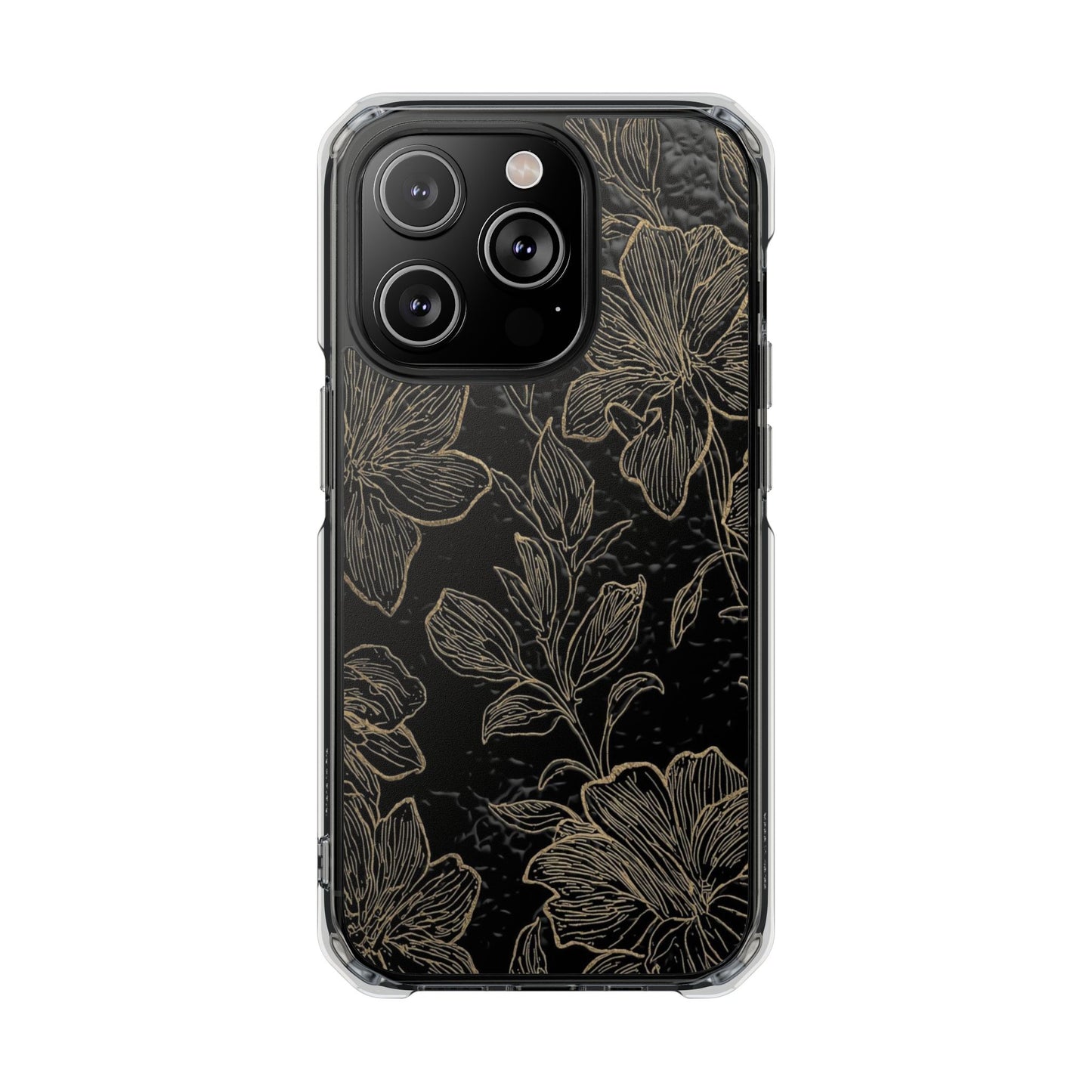 Floral Sketch Magnetic Clear Phone Case — Black & Gold Botanical Impact Case