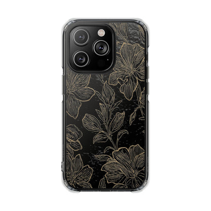Floral Sketch Magnetic Clear Phone Case — Black & Gold Botanical Impact Case