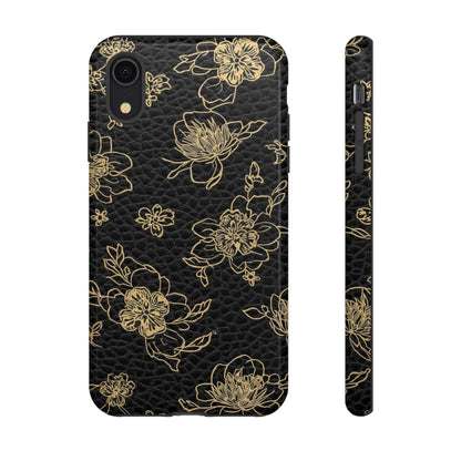 Floral Leather Phone Case — Gold Outline Flowers on Black Tough Case