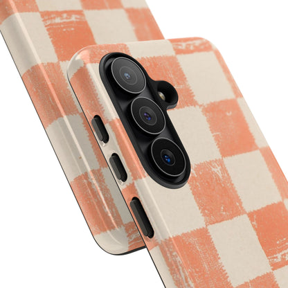 Peach Checkerboard Tough Phone Case — Retro Distressed Grid Design