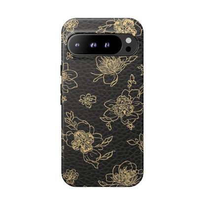 Floral Leather Phone Case — Gold Outline Flowers on Black Tough Case