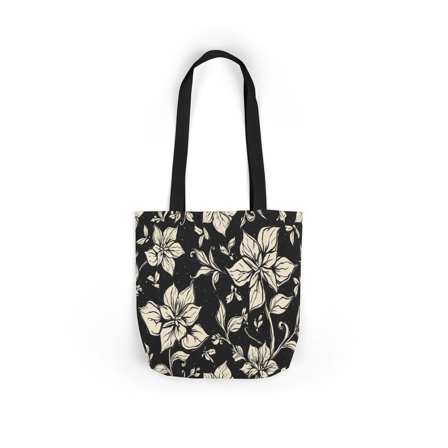 Vintage Floral Canvas Tote Bag – Black & Cream Flower Pattern with Contrast Straps