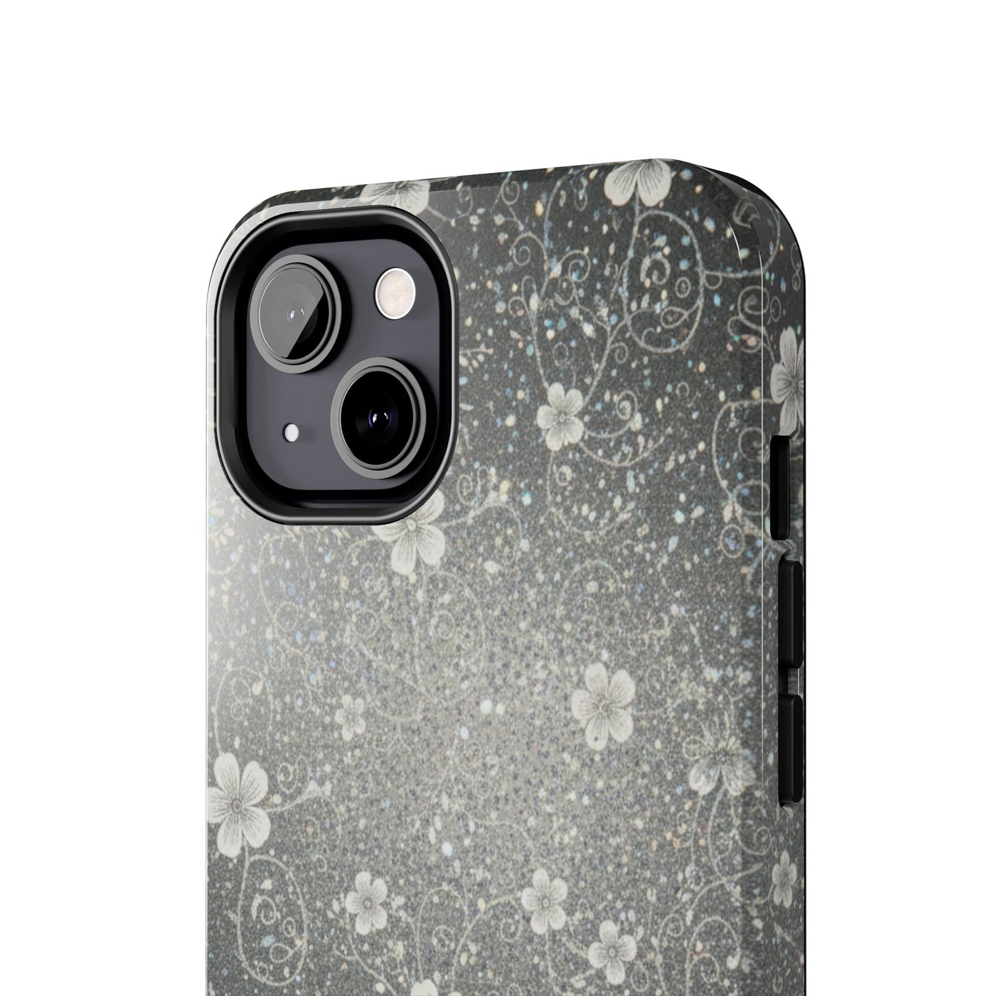 Floral Sparkle Tough Phone Case — Black & Silver Vintage Blossom