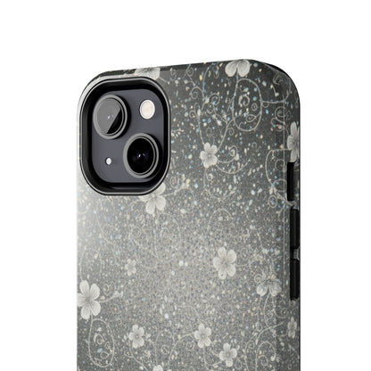 Floral Sparkle Tough Phone Case — Black & Silver Vintage Blossom