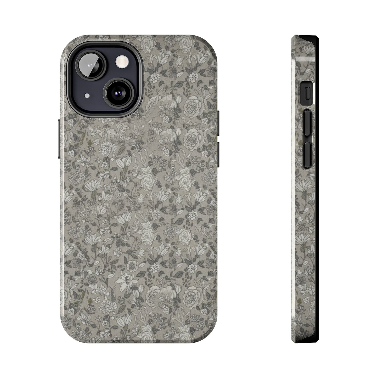 Gray Floral Tough Phone Case — Durable Protective Phone Cover with Vintage Botanical Pattern