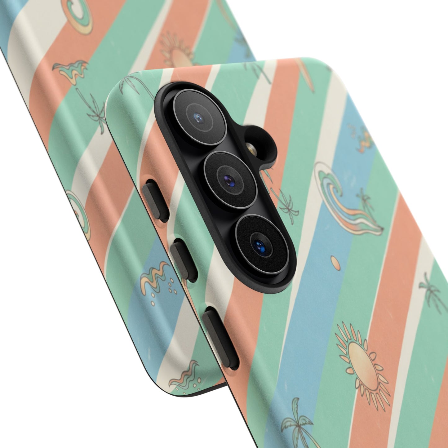 Retro Beach Stripes Phone Case — Sun, Waves & Palm Pattern Tough Case