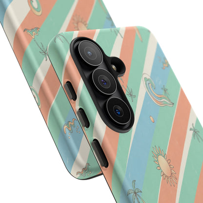 Retro Beach Stripes Phone Case — Sun, Waves & Palm Pattern Tough Case