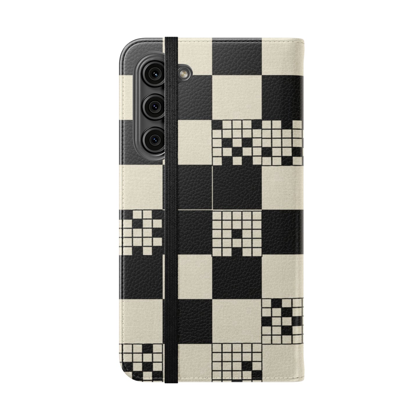 Checkerboard Flip Phone Case – Retro Black & Cream Geometric Wallet Case
