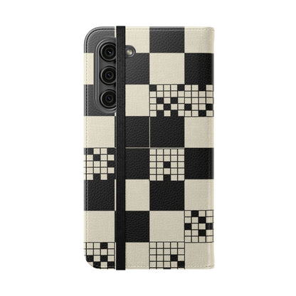 Checkerboard Flip Phone Case – Retro Black & Cream Geometric Wallet Case