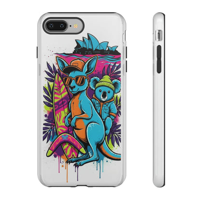 Kangaroo & Koala Surf Phone Case — Retro Neon Beach Art Tough Case