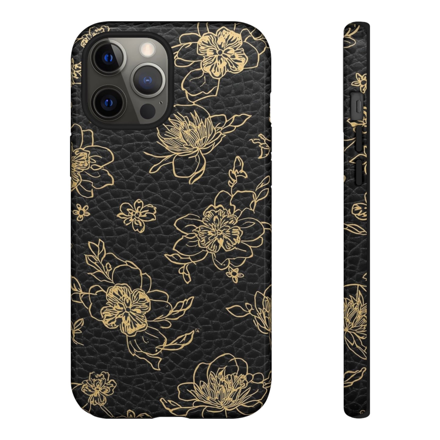 Floral Leather Phone Case — Gold Outline Flowers on Black Tough Case