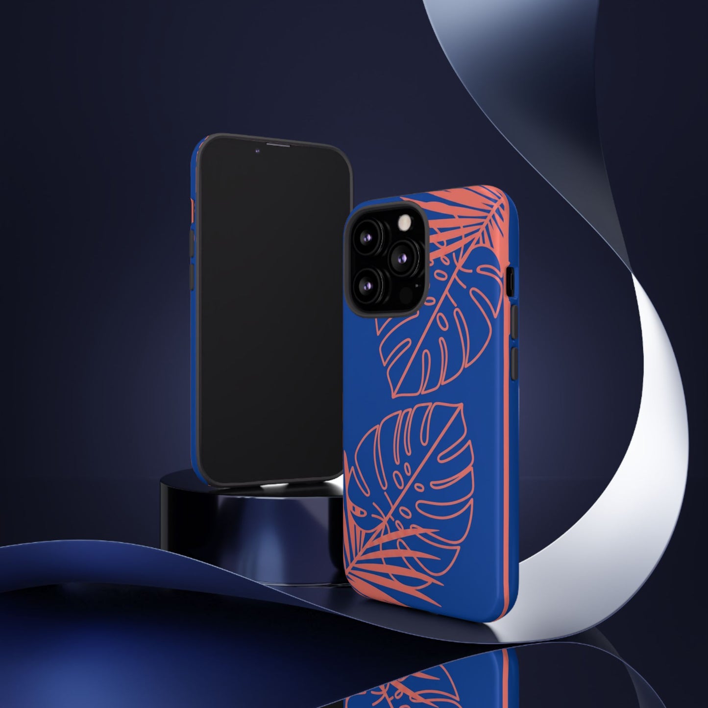 Tropical Monstera Phone Case — Blue & Coral Leaf Protective Cover