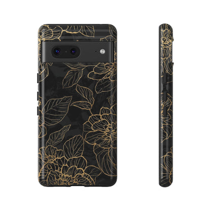 Floral Gold Outline Tough Phone Case – Black Botanical Protective Cover