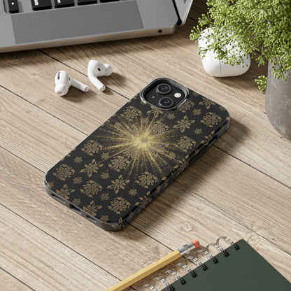 Glitter Burst Tough Phone Case — Black & Gold Floral Protective Cover