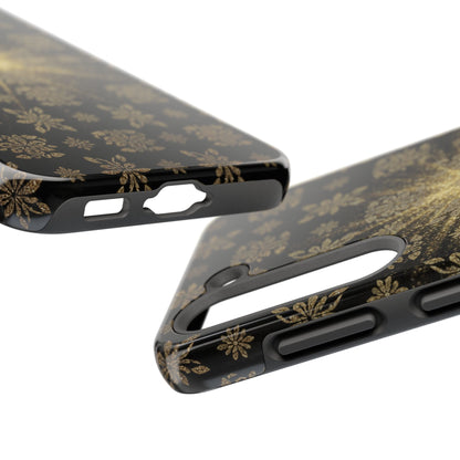 Glitter Burst Tough Phone Case — Black & Gold Floral Protective Cover