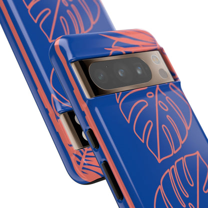Tropical Monstera Phone Case — Blue & Coral Leaf Protective Cover