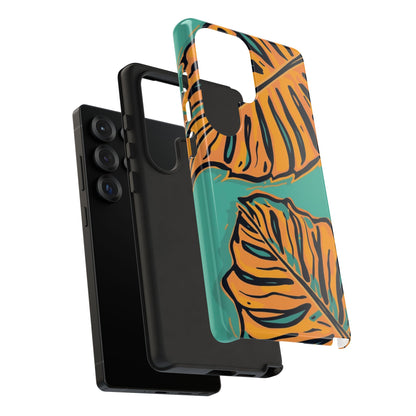 Tropical Leaf Tough Phone Case — Orange Monstera Design on Teal