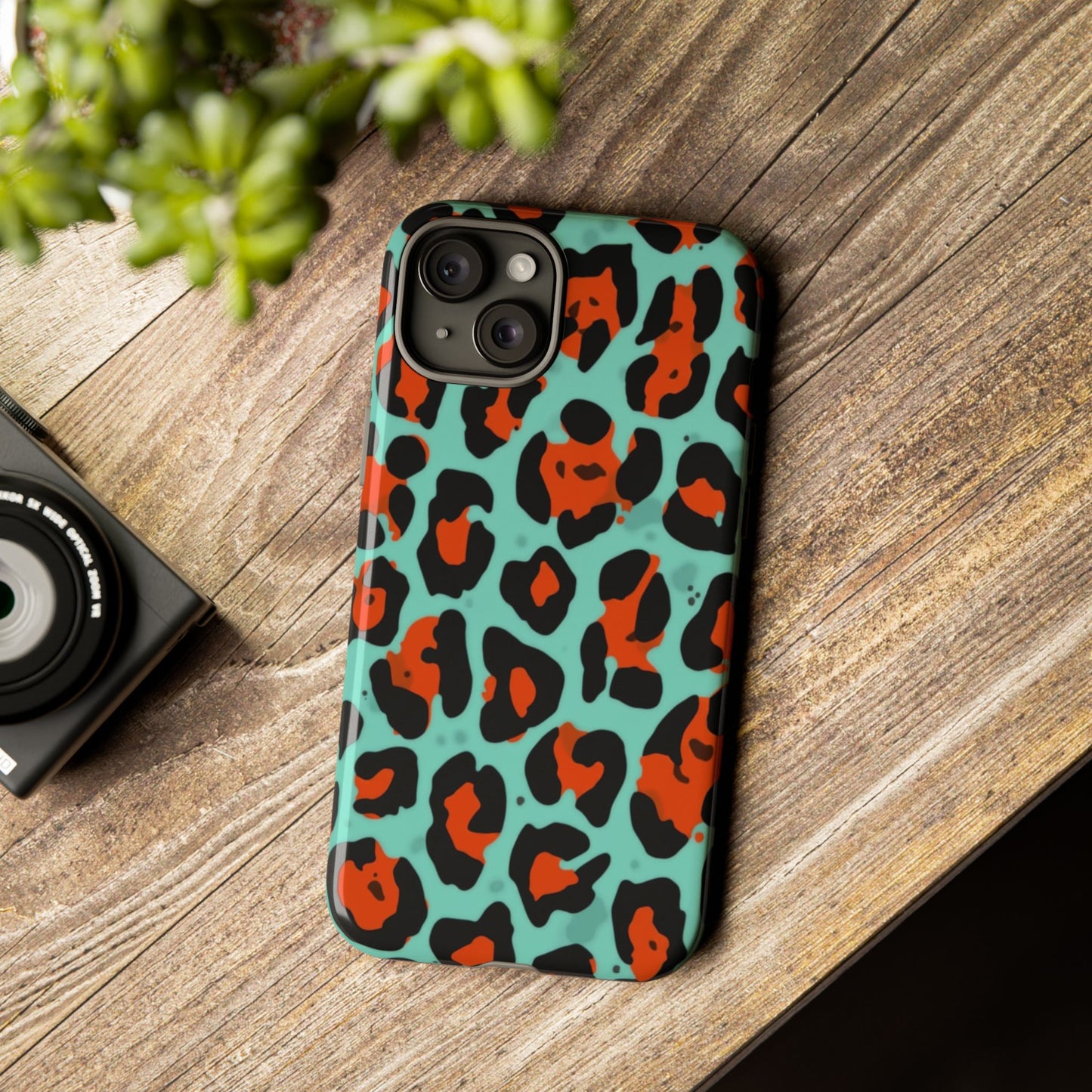 Leopard Print Tough Phone Case — Teal & Rust Protective iPhone Cover