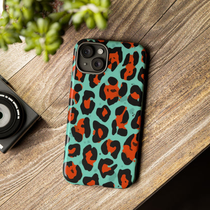 Leopard Print Tough Phone Case — Teal & Rust Protective iPhone Cover