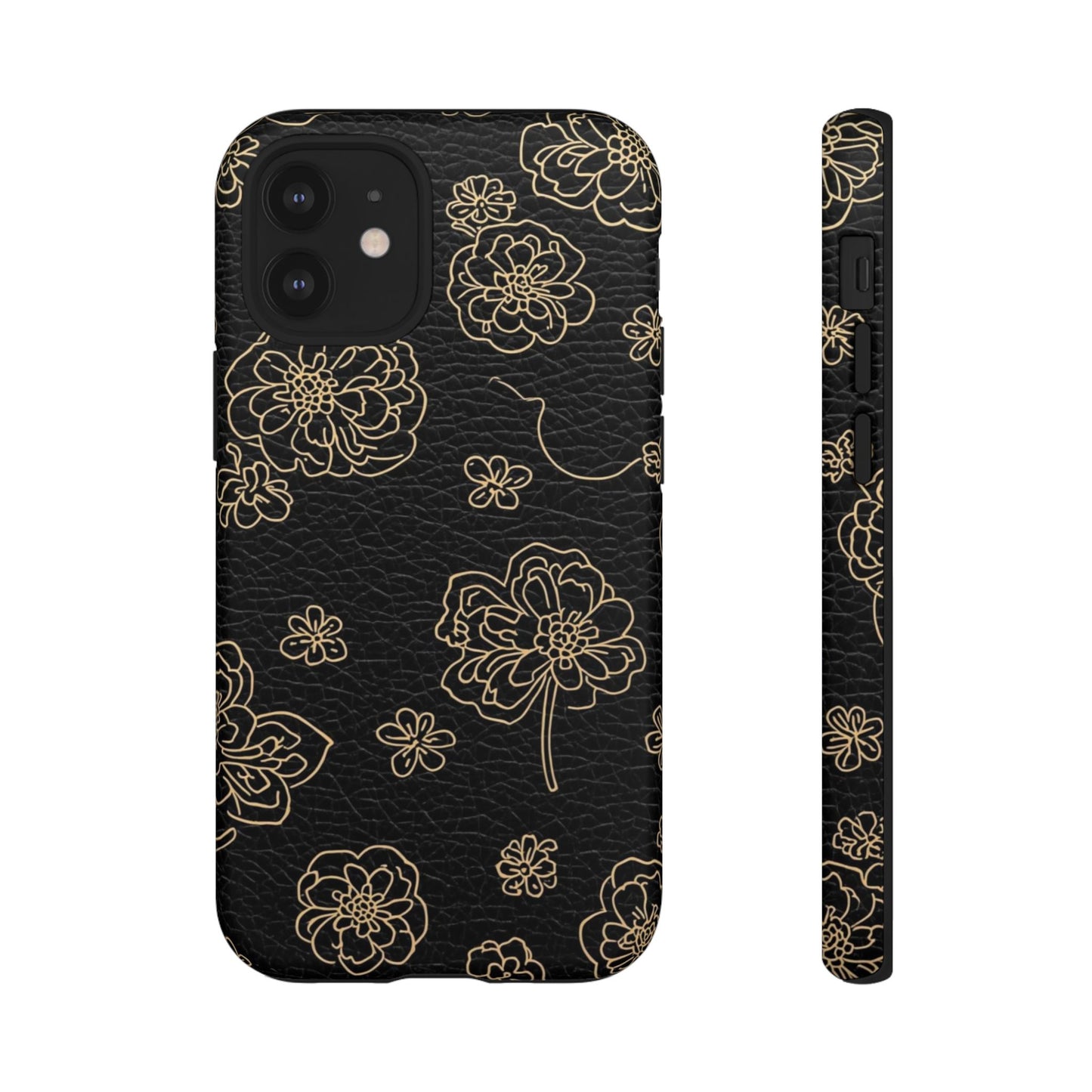 Floral Leather-Texture Tough Case – Black Gold Outline Phone Cover