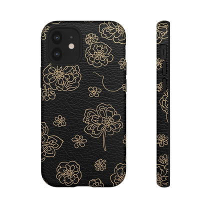 Floral Leather-Texture Tough Case – Black Gold Outline Phone Cover