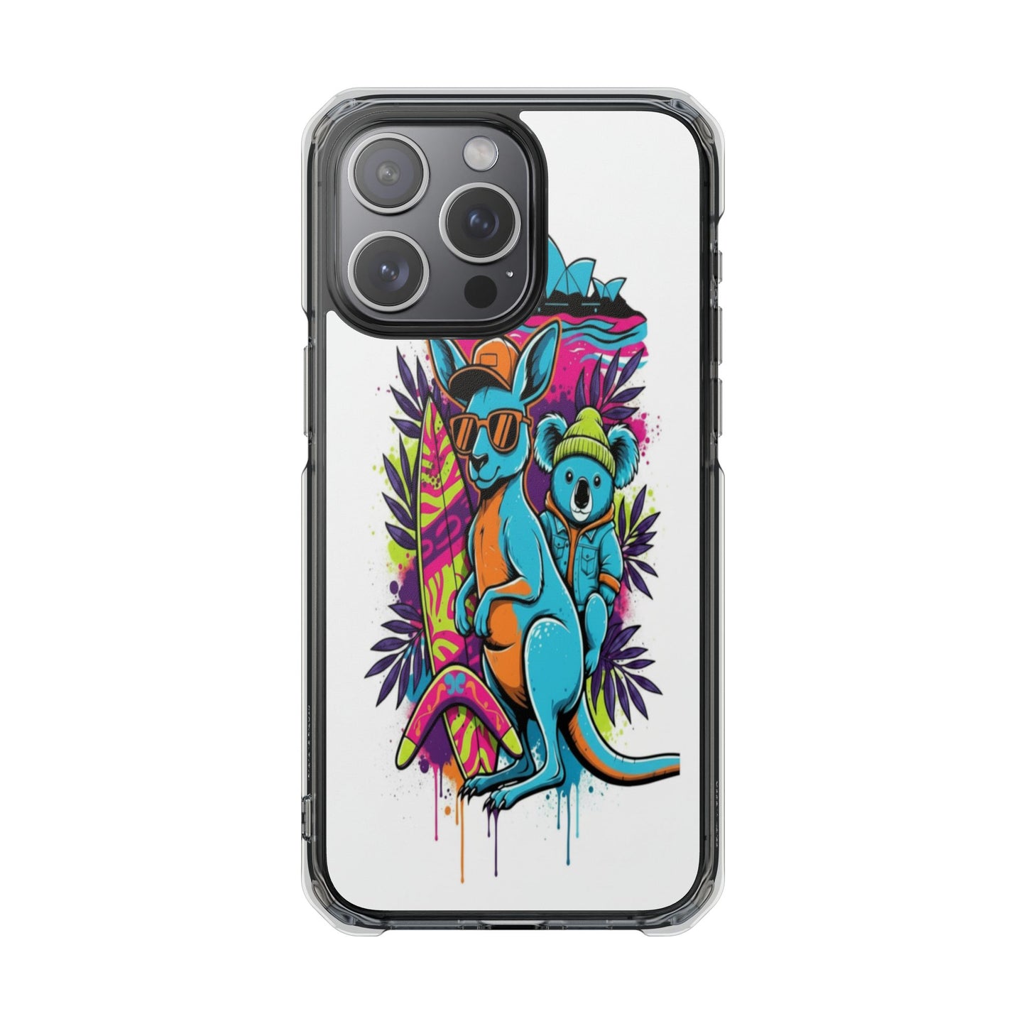 Clear Magnetic Phone Case — Colorful Surfing Kangaroo & Koala Art