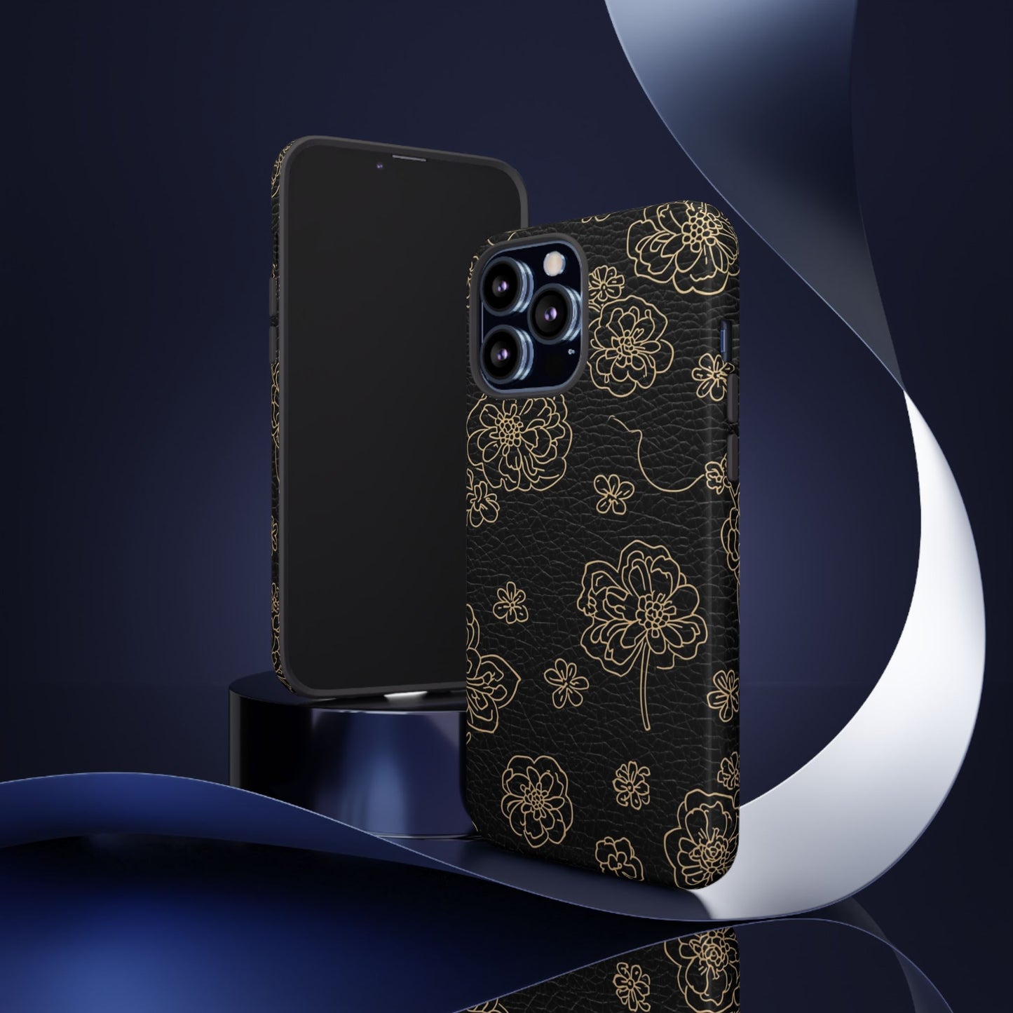 Floral Leather-Texture Tough Case – Black Gold Outline Phone Cover