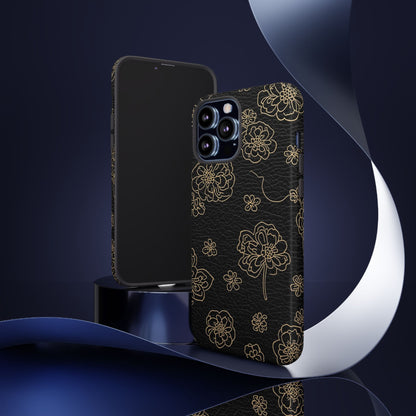 Floral Leather-Texture Tough Case – Black Gold Outline Phone Cover