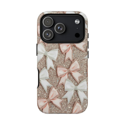 Glitter Bow Tough Phone Case — Pink & White Ribbon Protective Cover