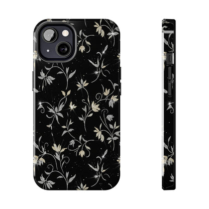 Floral Noir Tough Phone Case — Vintage Black Botanical Protective Cover