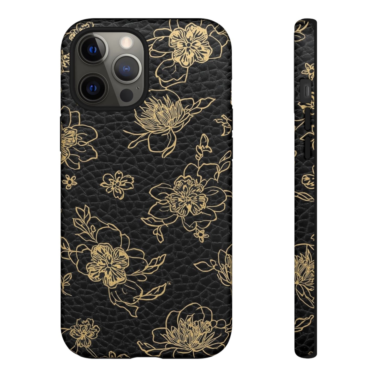 Floral Leather Phone Case — Gold Outline Flowers on Black Tough Case