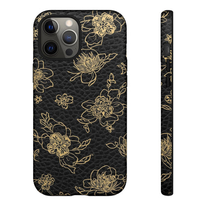 Floral Leather Phone Case — Gold Outline Flowers on Black Tough Case