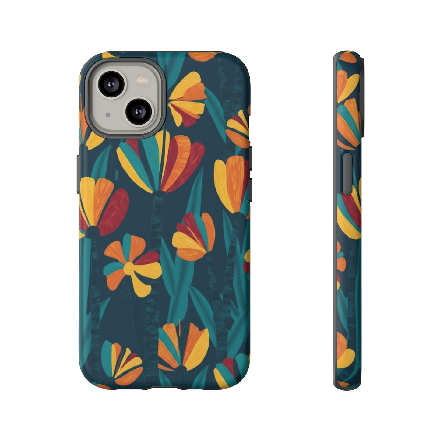Floral Retro Teal Tough Phone Case — Vibrant Orange & Mustard Blooms