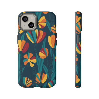 Floral Retro Teal Tough Phone Case — Vibrant Orange & Mustard Blooms