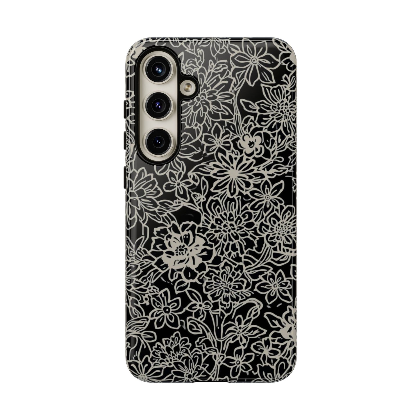 Floral Doodle Tough Phone Case — Black & White Sketch Flower Protective Cover