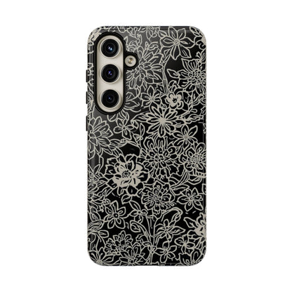 Floral Doodle Tough Phone Case — Black & White Sketch Flower Protective Cover